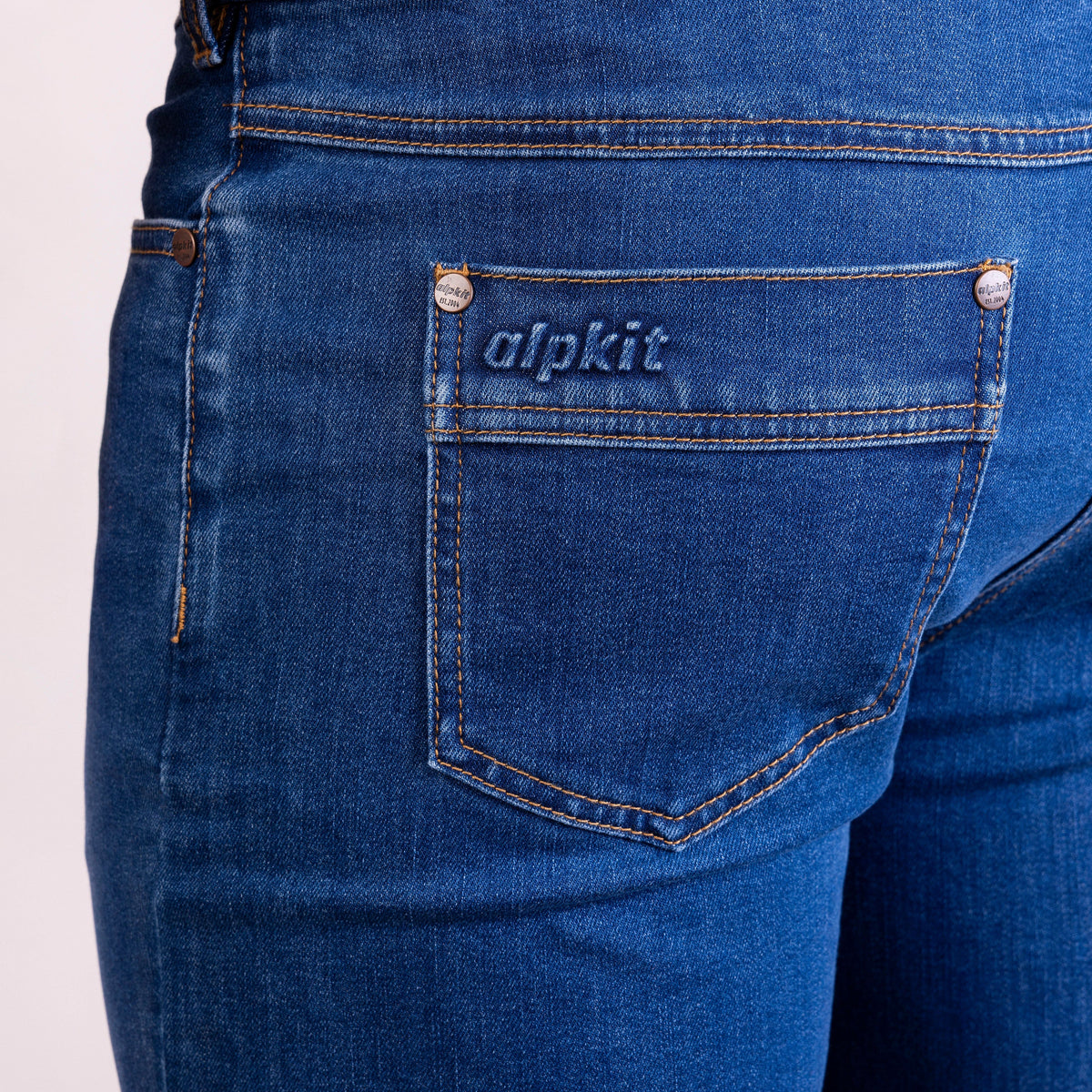 alpkit jeanius mens jeans in midwash blue logo|aj