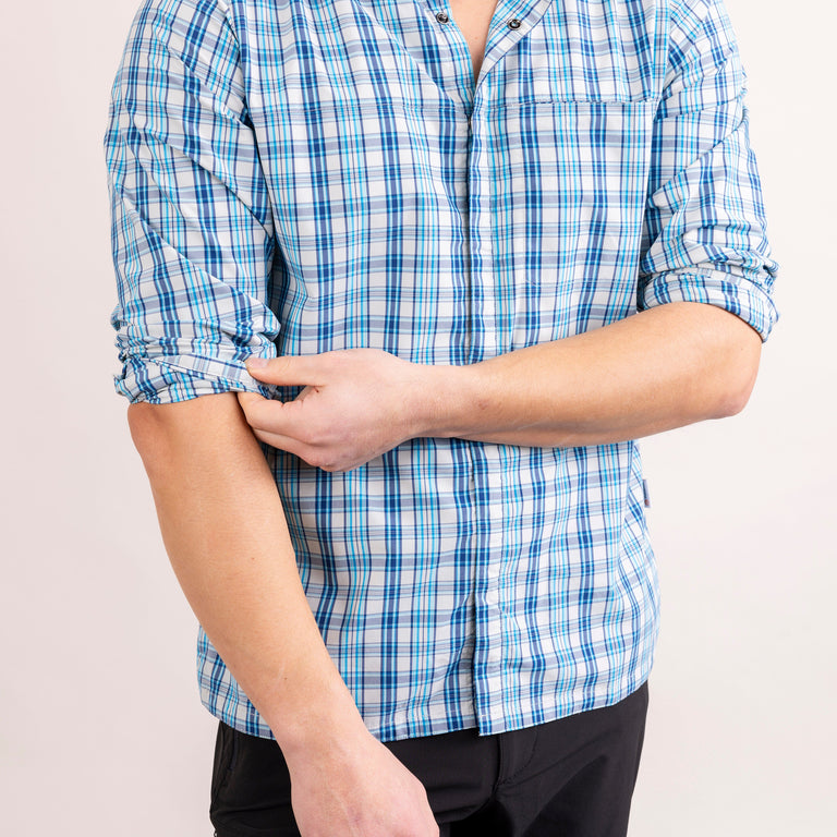 alpkit mens kana shirt for gravel riding in skyscape blue sleeve