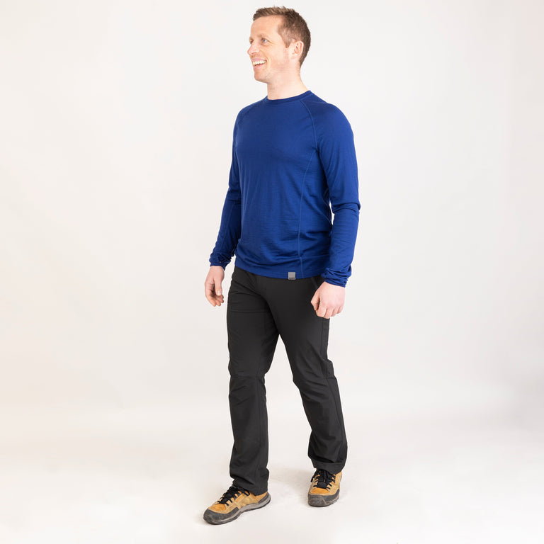 alpkit mens Kepler long sleeve merino baselayer in navy blue outfit|tf