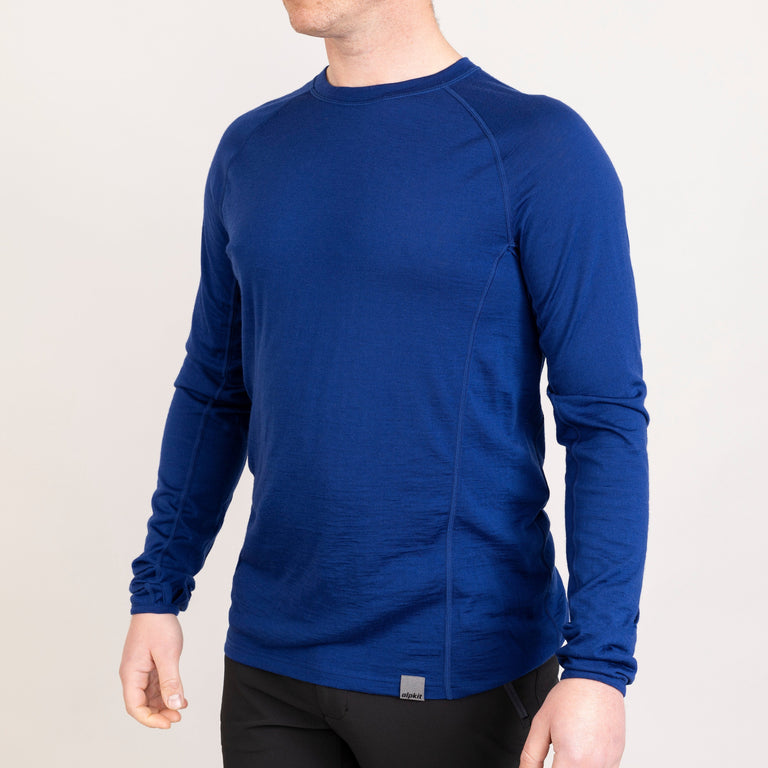 alpkit mens Kepler long sleeve merino baselayer in navy blue front|tf