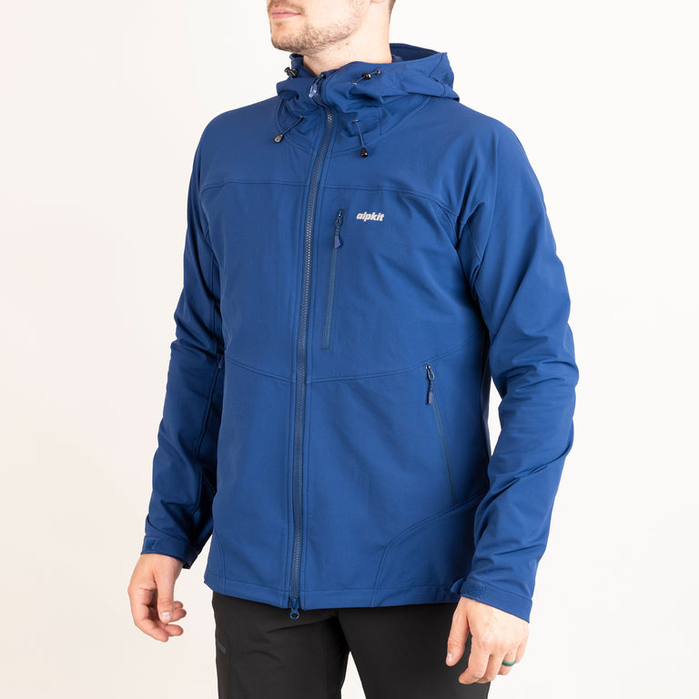 alpkit mens resolute softshell jacket in nemo blue front|bf - closed