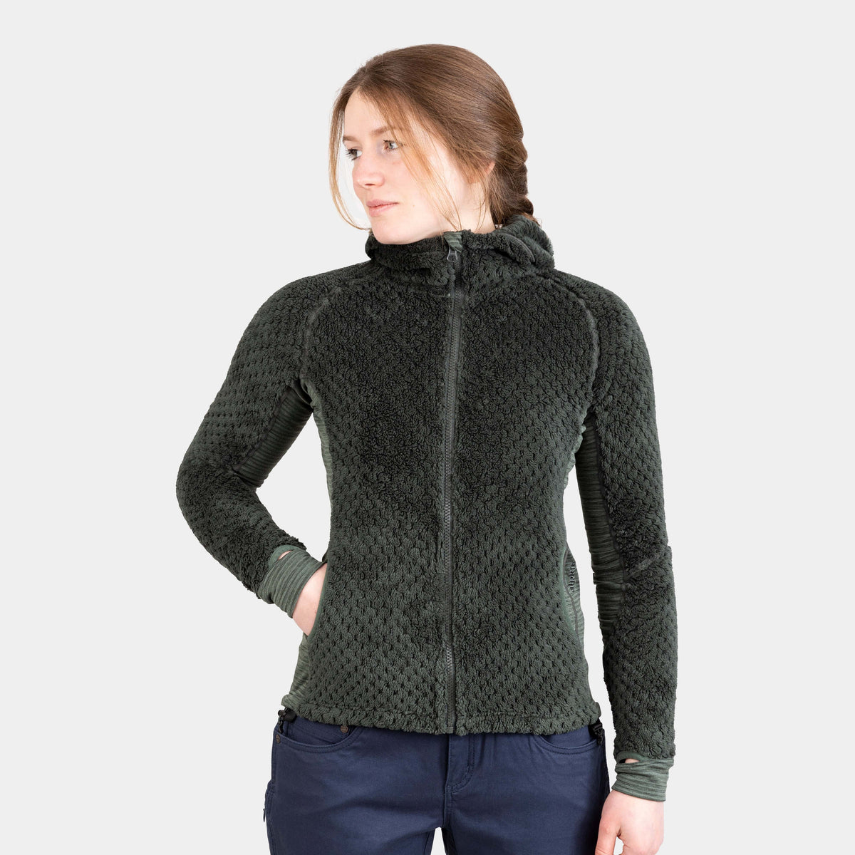 alpkit womens keeshond hooded fleece in kelp green