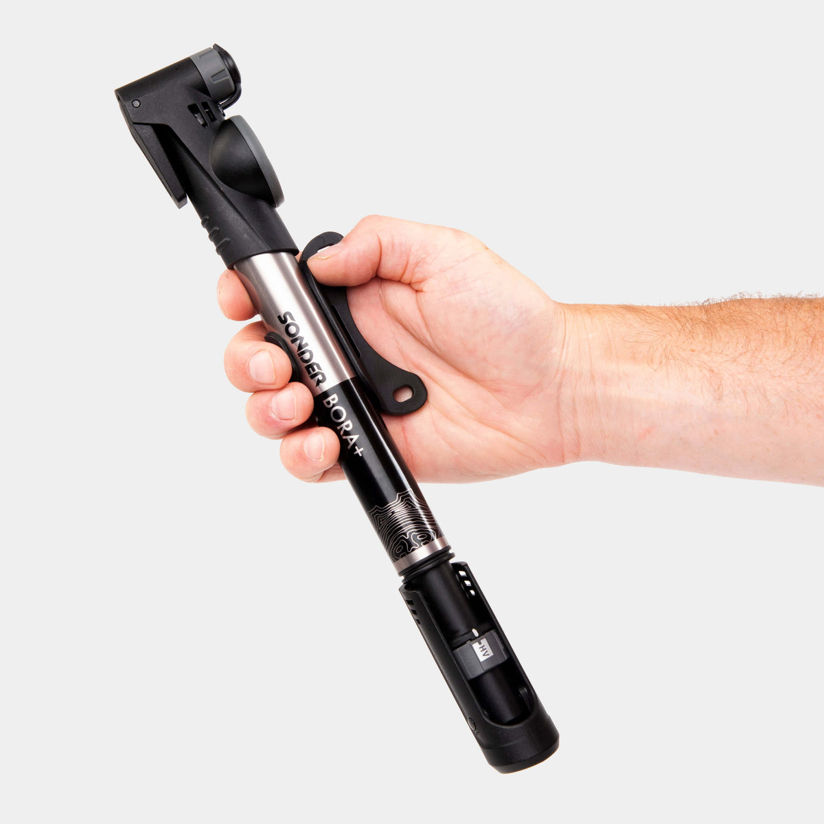 Bora+ bike pump size held in hand