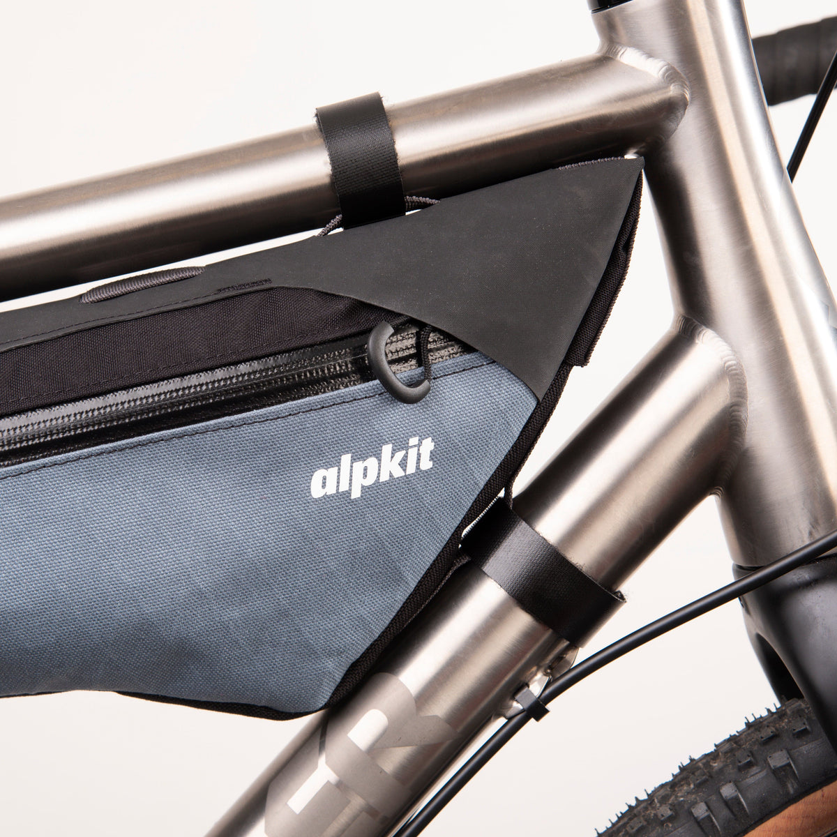alpkit glider frame bag for bike packing in storm grey logo