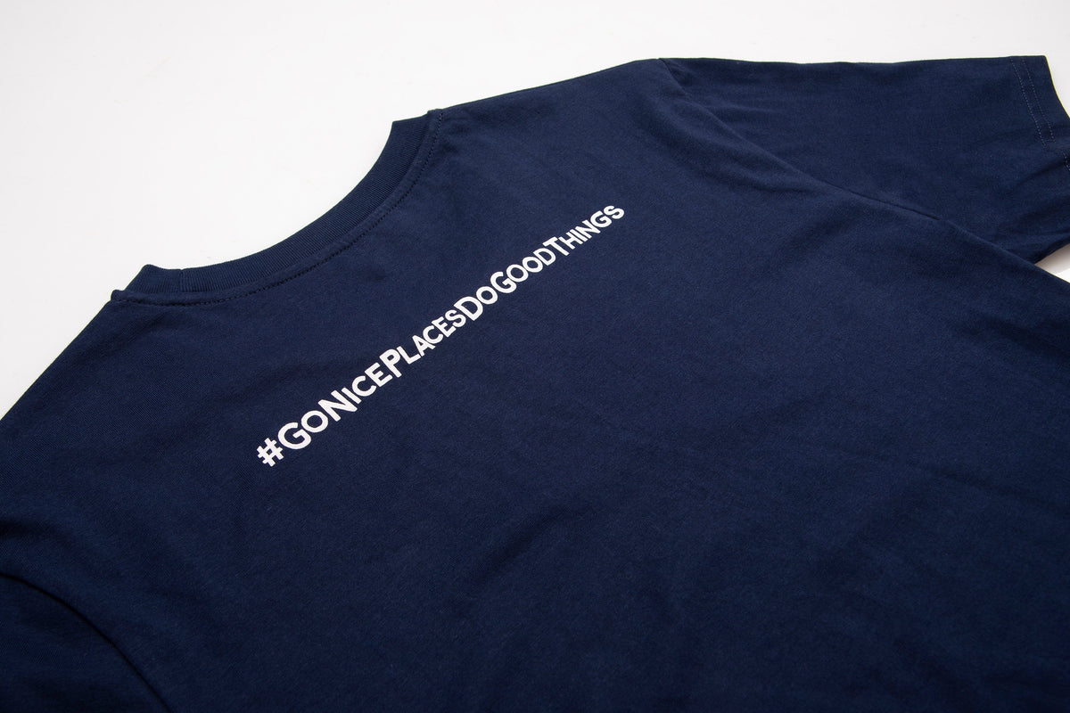 alpkit organic cotton tee shirt in navy where the magic happens back