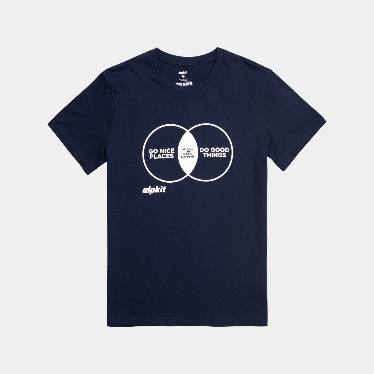 alpkit organic cotton tee shirt in navy where the magic happens front