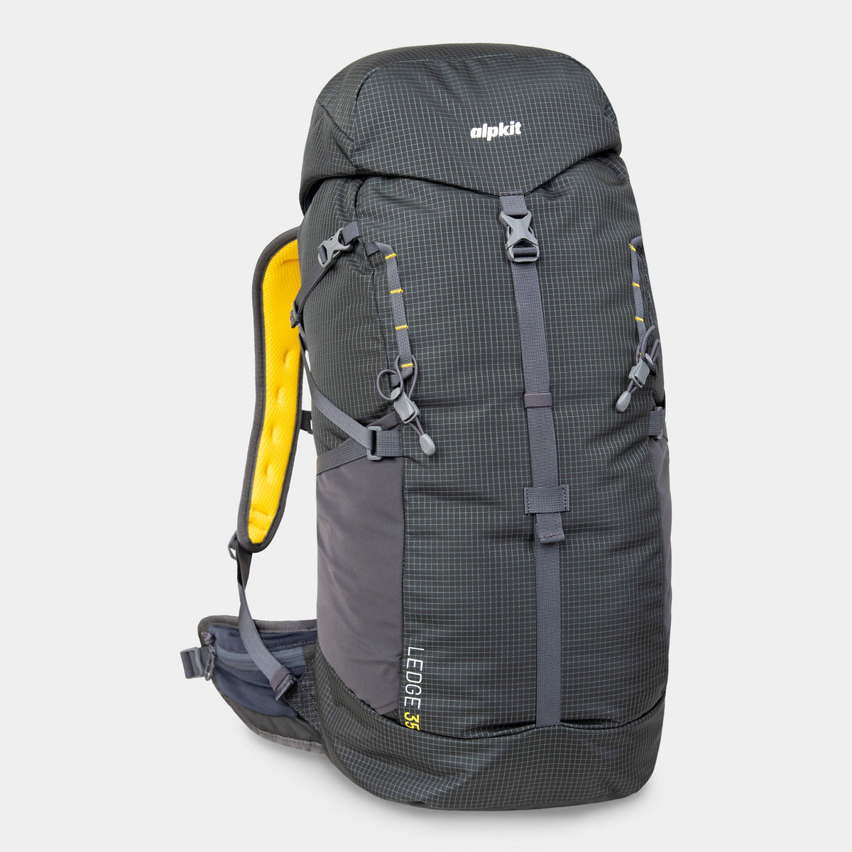 alpkit ledge 35L back pack in dark grey - closed