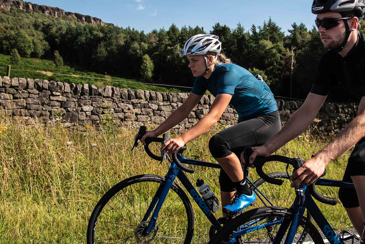 Rhythm Elite womens cycling bibs - action