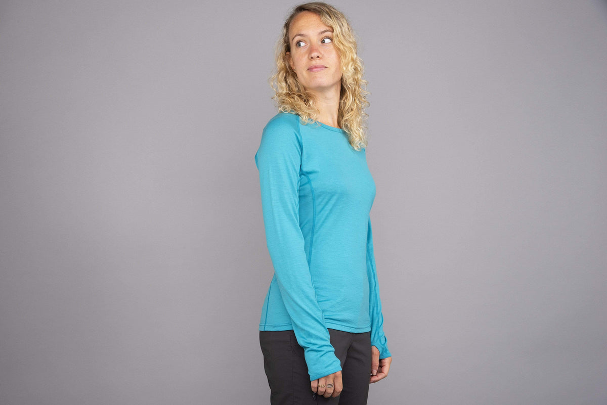 womens Kepler long sleeve merino baselayer in surf side