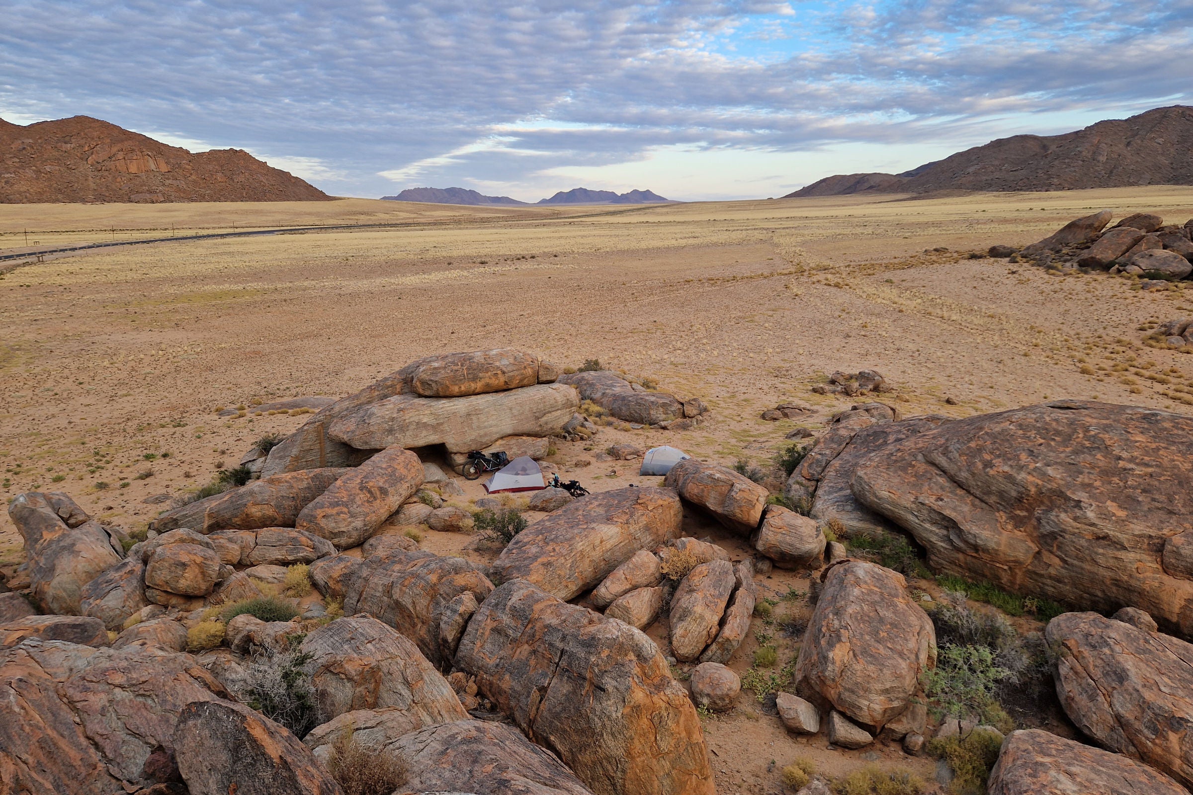 Remote wild campsite cycle touring in Africa