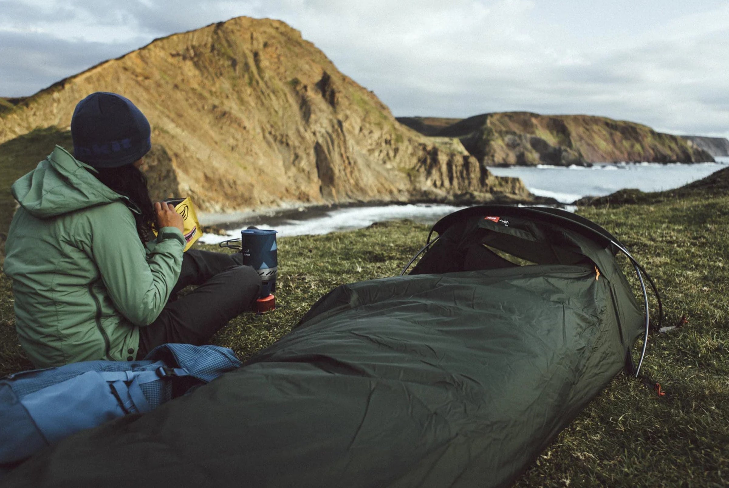 Elan hooped bivvy on a cliff top in North Wales