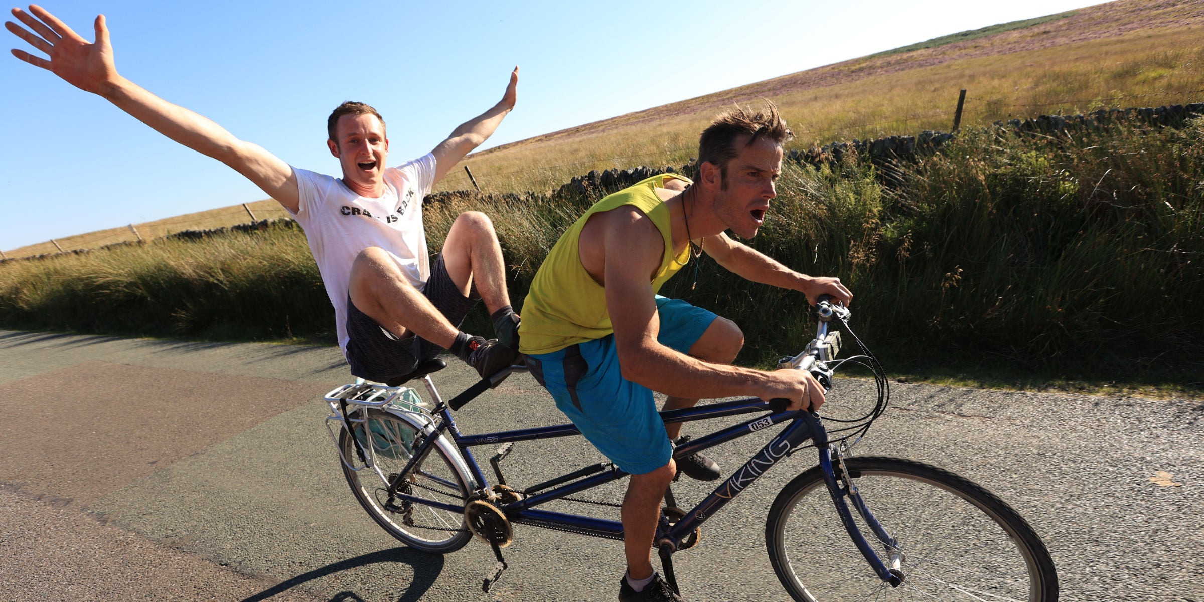 Pete Whittaker and Tom Randall on a tandem