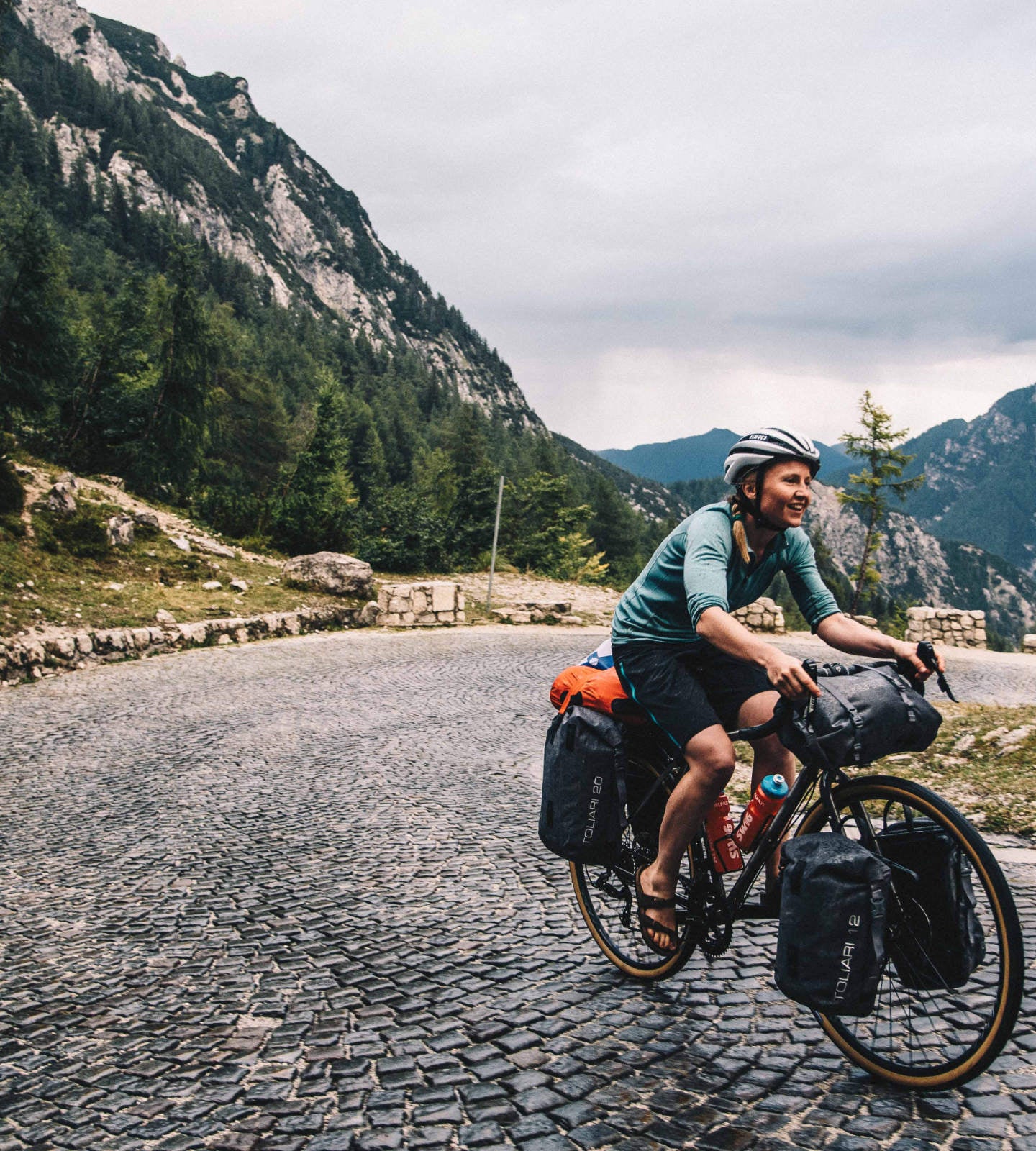 Dropbar steel touring bike loaded with panniers