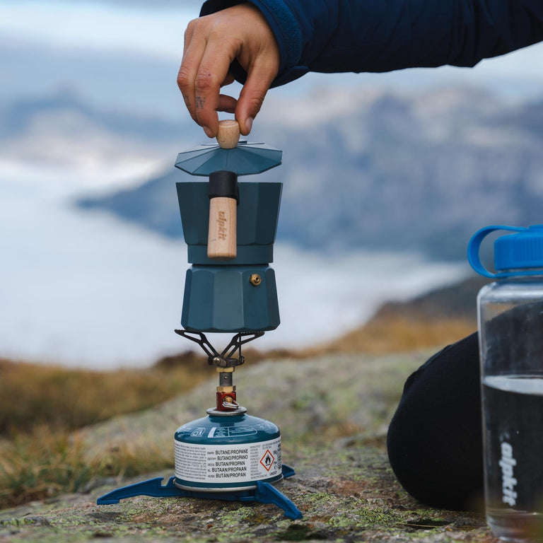 Alpkit Kraku camping stove heating a MyMokka coffee pot