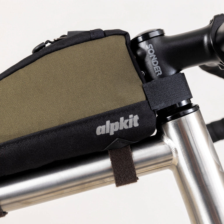 alpkit fuel pod top tube bag cockpit bag in olive green logo