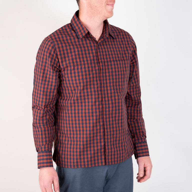 alpkit mens kana shirt for gravel riding in brick red front