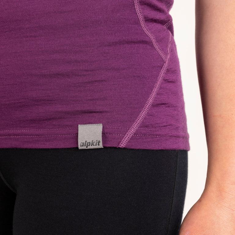 alpkit womens kepler merino vest baselayer in cosmos purple logo