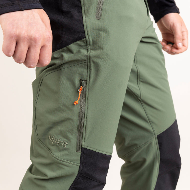 alpkit mens ardent softshell pants in alder green thigh zip