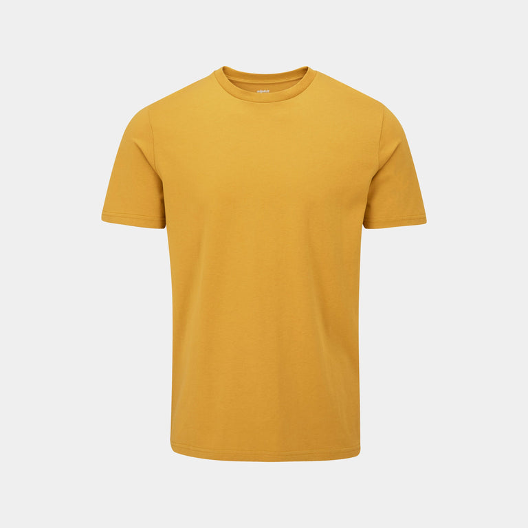 alpkit mens blank canvas tee organic cotton tee shirt in ochre yellow mustard - closed