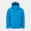 Blue puffer jacket on a light gray background