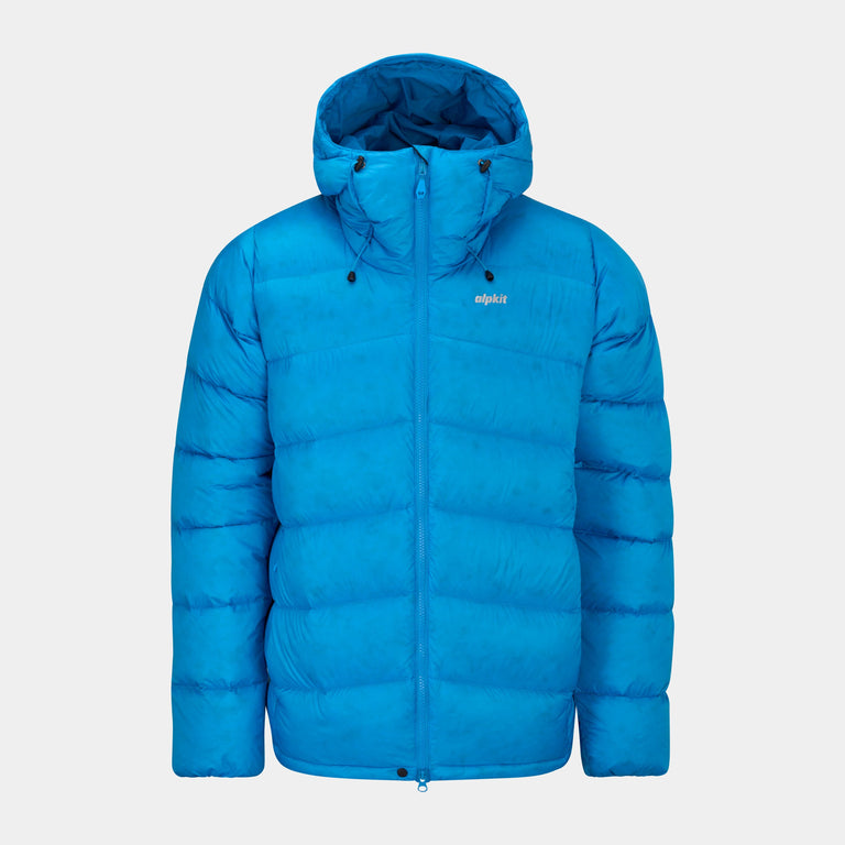 Blue puffer jacket on a light gray background