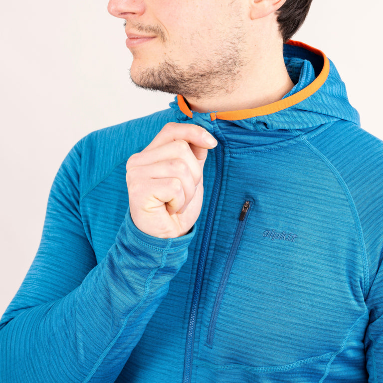 Alpkit Griffon men's hooded fleece in reef blue collar