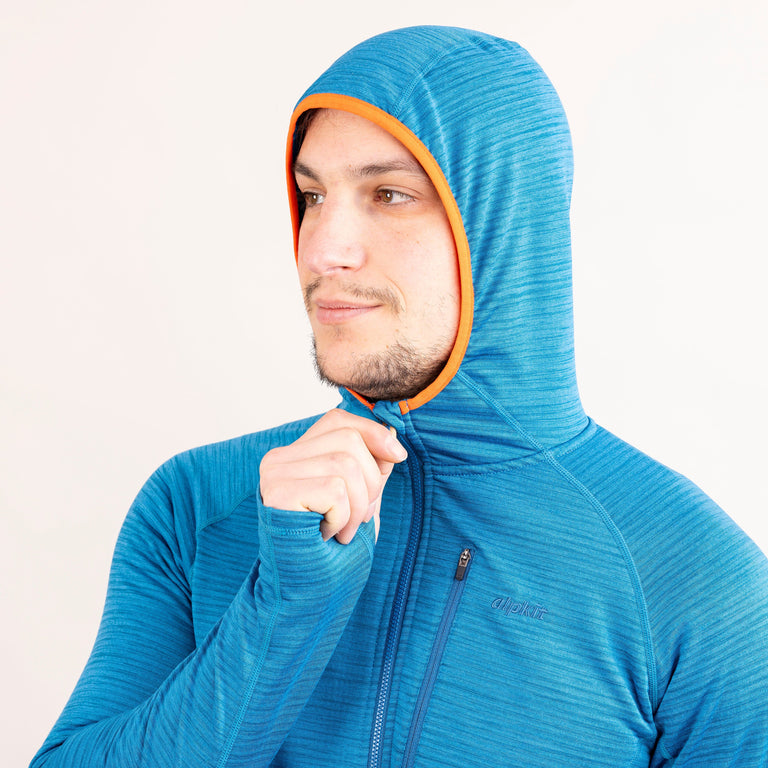 Alpkit Griffon men's hooded fleece in reef blue hood