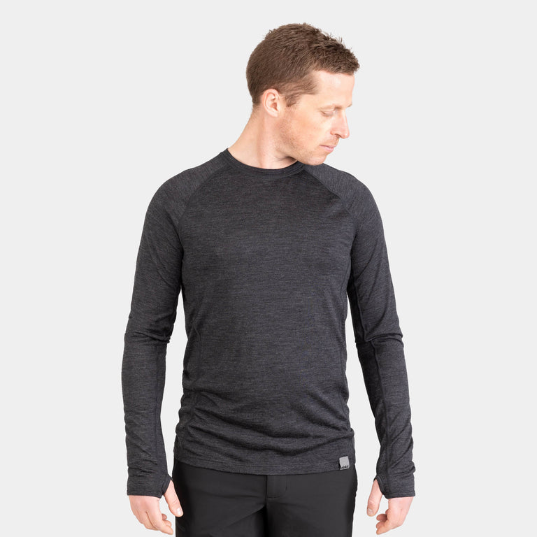 alpkit mens Kepler long sleeve merino baselayer in charcoal grey black - closed