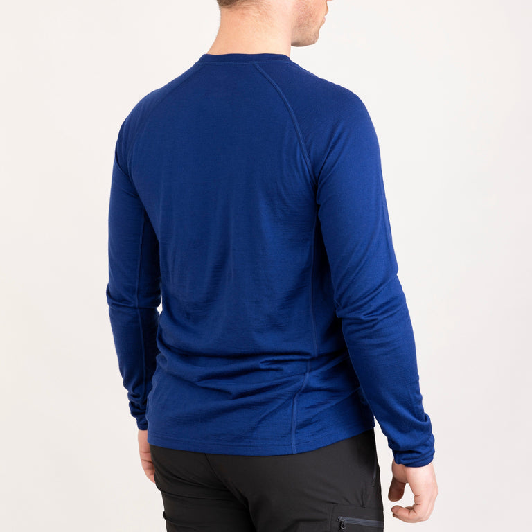 alpkit mens Kepler long sleeve merino baselayer in navy blue rear