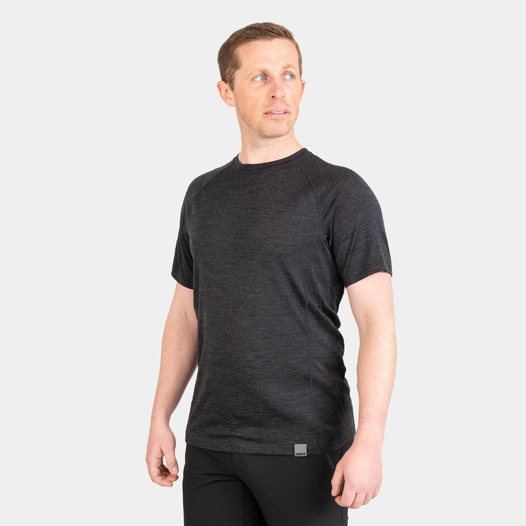 alpkit mens kepler short sleeve merino Baselayers in charcoal grey black 