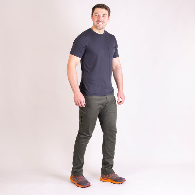 alpkit mens Kraft trousers in kelp green outfit |aj