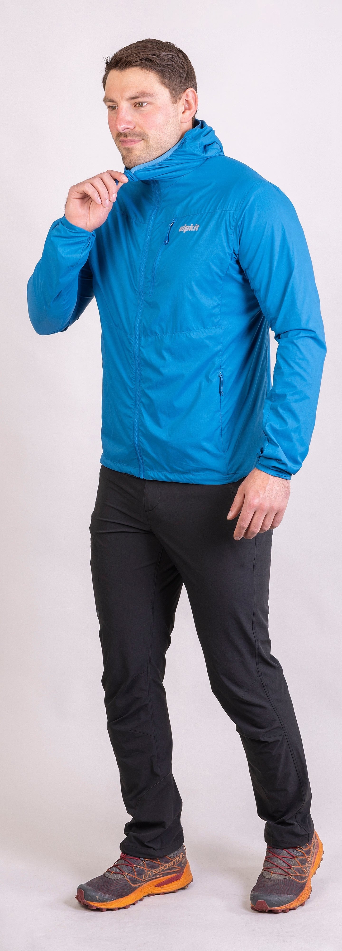 mens alpkit morphosis jacket in reef blue outfit - closed