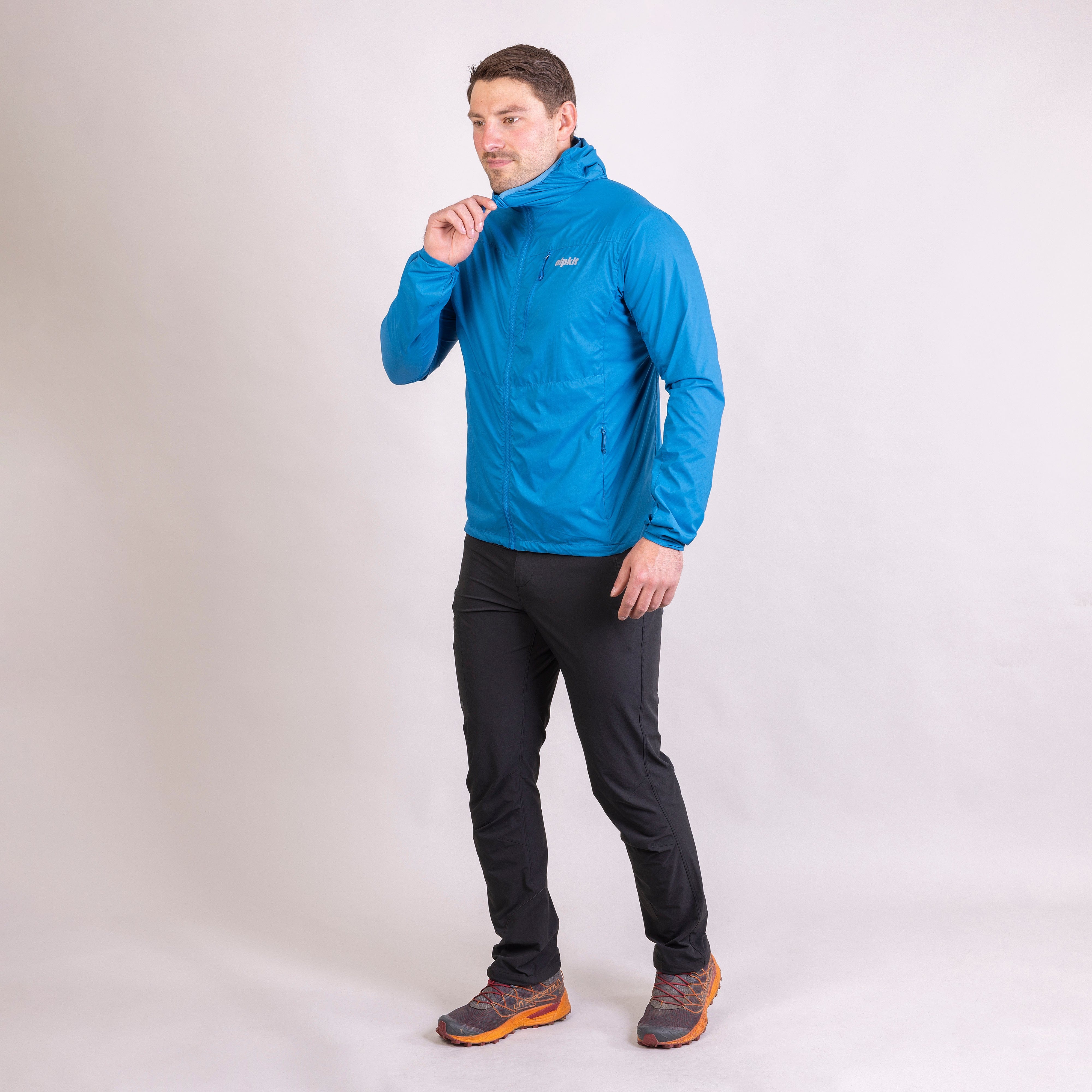 mens alpkit morphosis jacket in reef blue outfit - closed