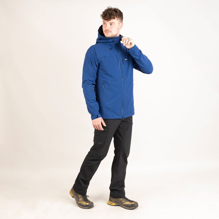 alpkit mens resolute softshell jacket in nemo blue outift