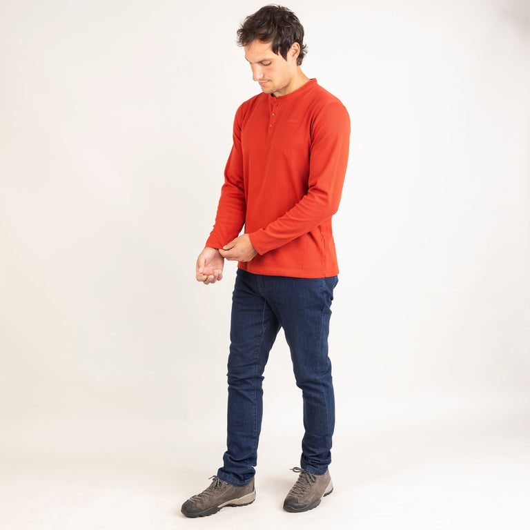 Alpkit mens rivo henley top in brick red outfit