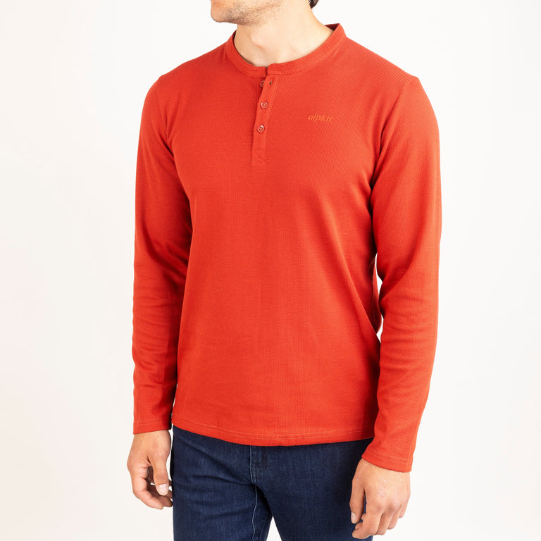 Alpkit mens rivo henley top in brick red front