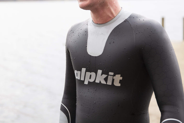 Close up shot of the Alpkit Silvertip outdoor swimming wetsuit