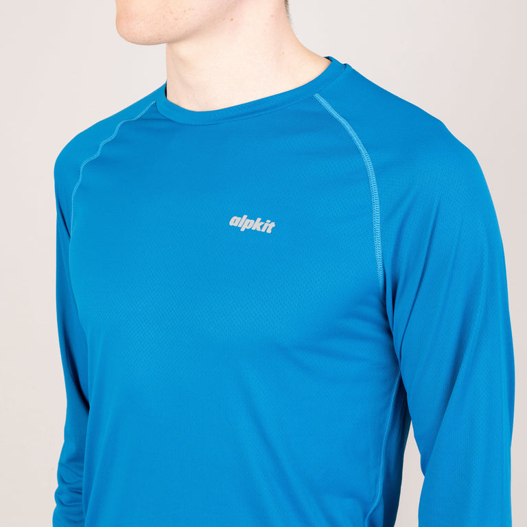 alpkit mens vayper long sleeve baselayer for trail running and fell running in reef blue logo