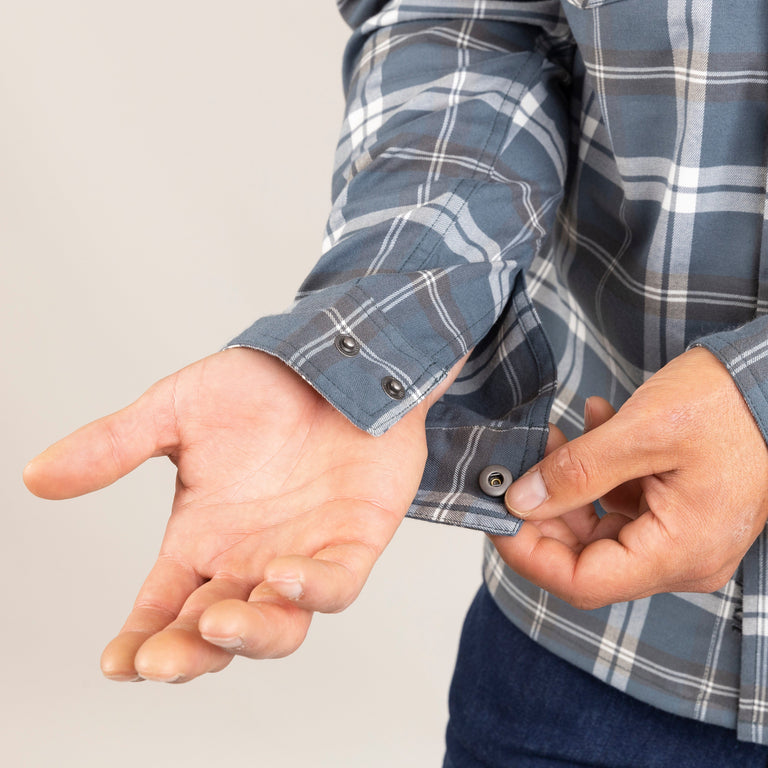 alpkit mens woodsmoke shirt in slate grey check cuff