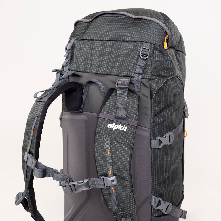 alpkit Orion 45l backpack in dark grey strap detail