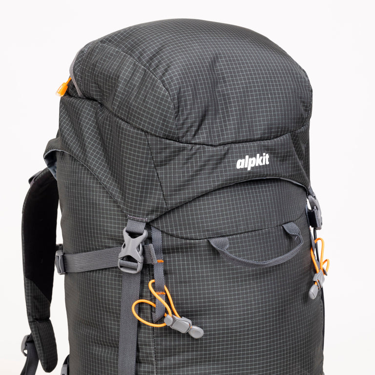 alpkit Orion 45l backpack in dark grey lid logo