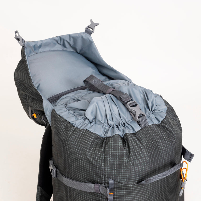 alpkit Orion 45l backpack in dark grey drawstring top 