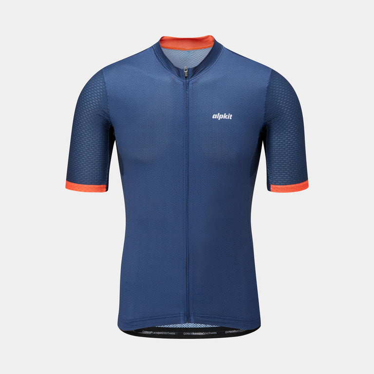 alpkit Paradiso mens short sleeve cycling jersey in navy blue front - closed