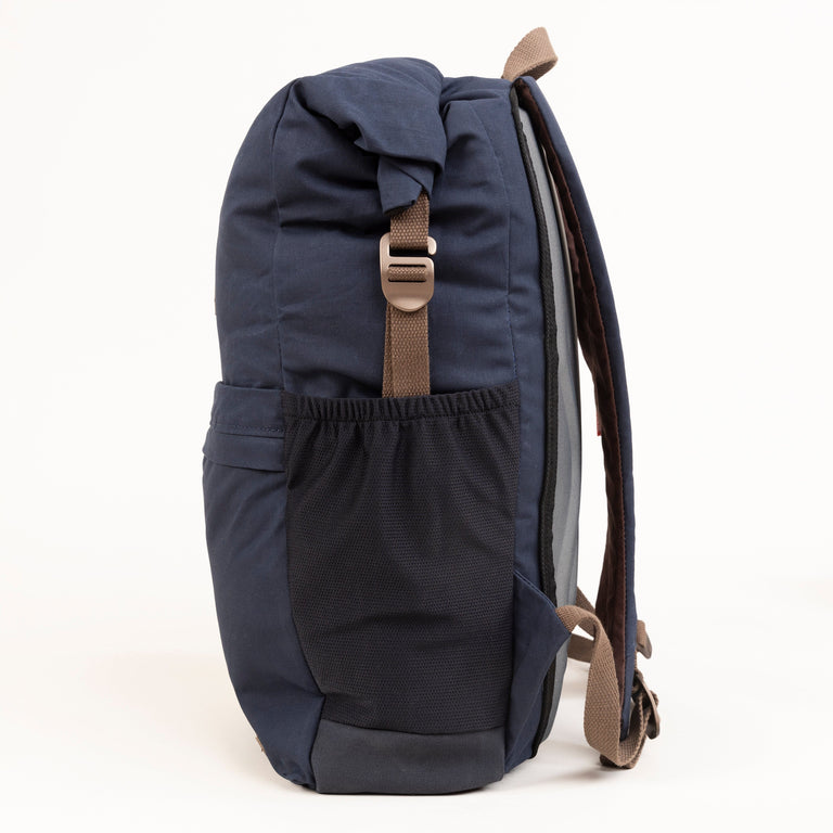 alpkit tyrol backpack in navy blue side pocket - closed