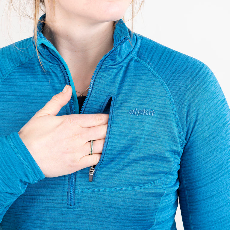 alpkit womens griffon half zip fleece in reef blue chest pocket