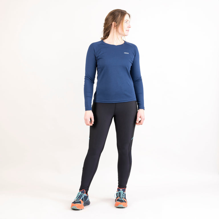 womens Alpkit Koulin trail long sleeve baselayer in outer space blue outfit