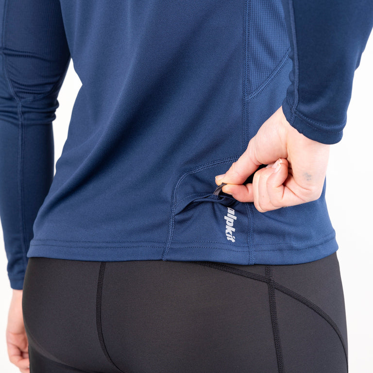 womens Alpkit Koulin trail long sleeve baselayer in outer space blue pocket