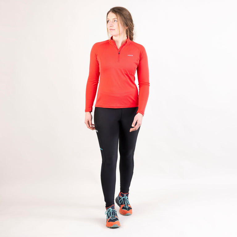 womens Alpkit Koulin trail long sleeve zip baselayer in watermelon outfit