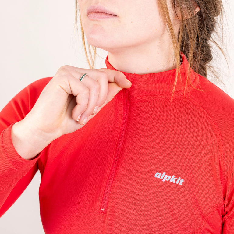 womens Alpkit Koulin trail long sleeve zip baselayer in watermelon logo