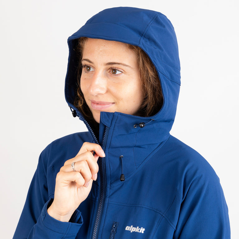 alpkit womens resolute softshell jacket in memo blue hood